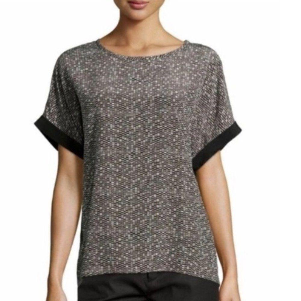 Vince Pathways Cuff-Sleeve Printed Silk Top Geometric Print Black Gray size XS